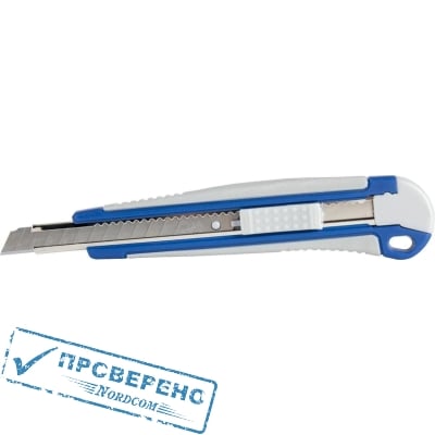 Нож технический КОБАЛЬТ лезвие 9 мм, двухкомпонентный корпус, металлическая направляющая, автостоп, блистер