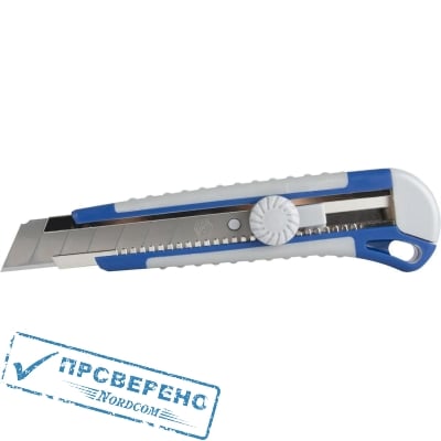 Нож технический КОБАЛЬТ лезвие 25 мм, двухкомпонентный корпус, металлическая направляющая, фиксатор, блистер