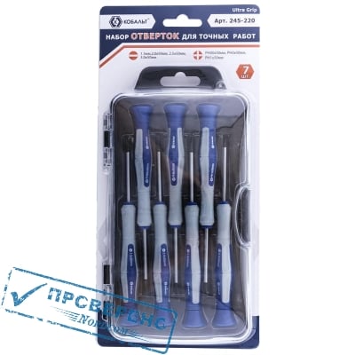 Набор отверток КОБАЛЬТ Ultra Grip для точных работ 50 мм, SL1.5;SL2.0;SL2.5;SL3.0; PH00;PH0;PH1. CR-V кейс (7 шт.) блистер