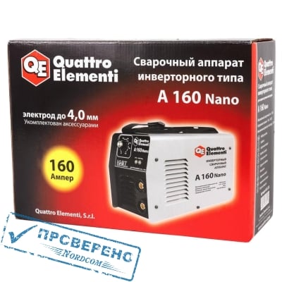 Аппарат электродной сварки, инвертор QUATTRO ELEMENTI A 160 Nano (160 А, ПВ 60%, до 4.0 мм, 3,85 кг, 165-270 В)